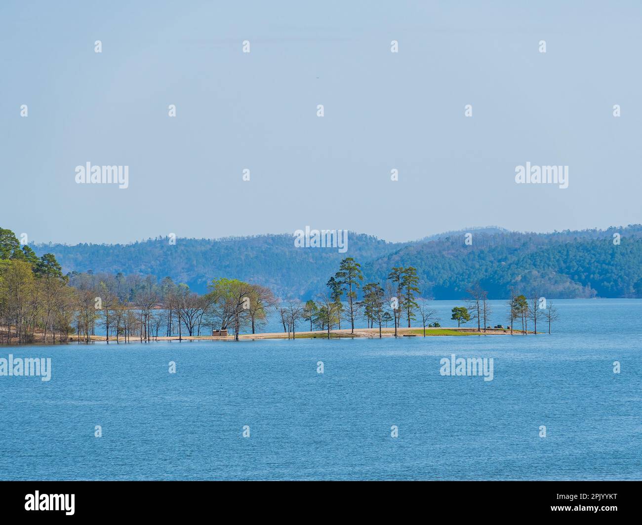Sunny view of the landscape of Broken Bow Lake in Beavers Bend State