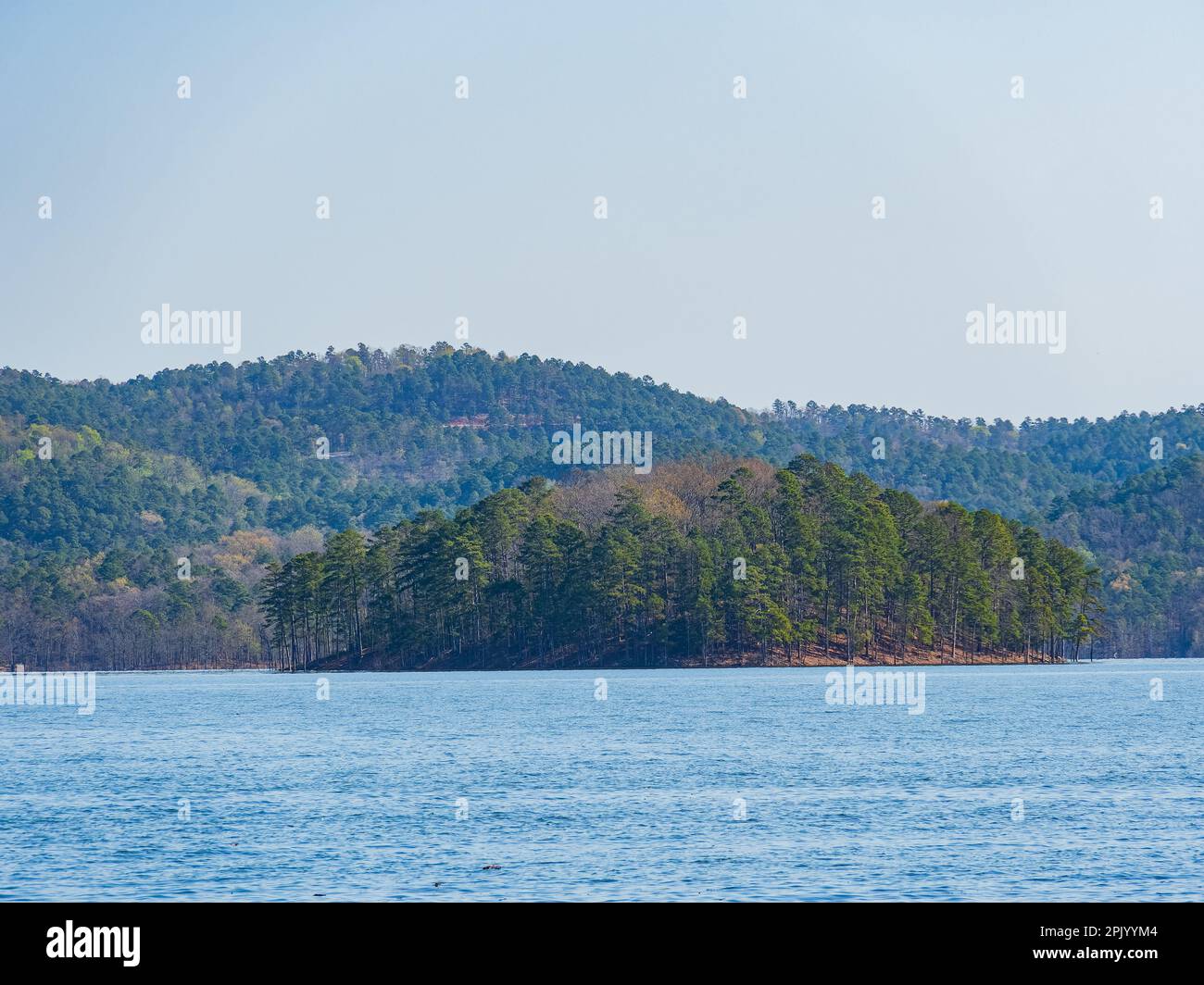 Sunny view of the landscape of Broken Bow Lake in Beavers Bend State