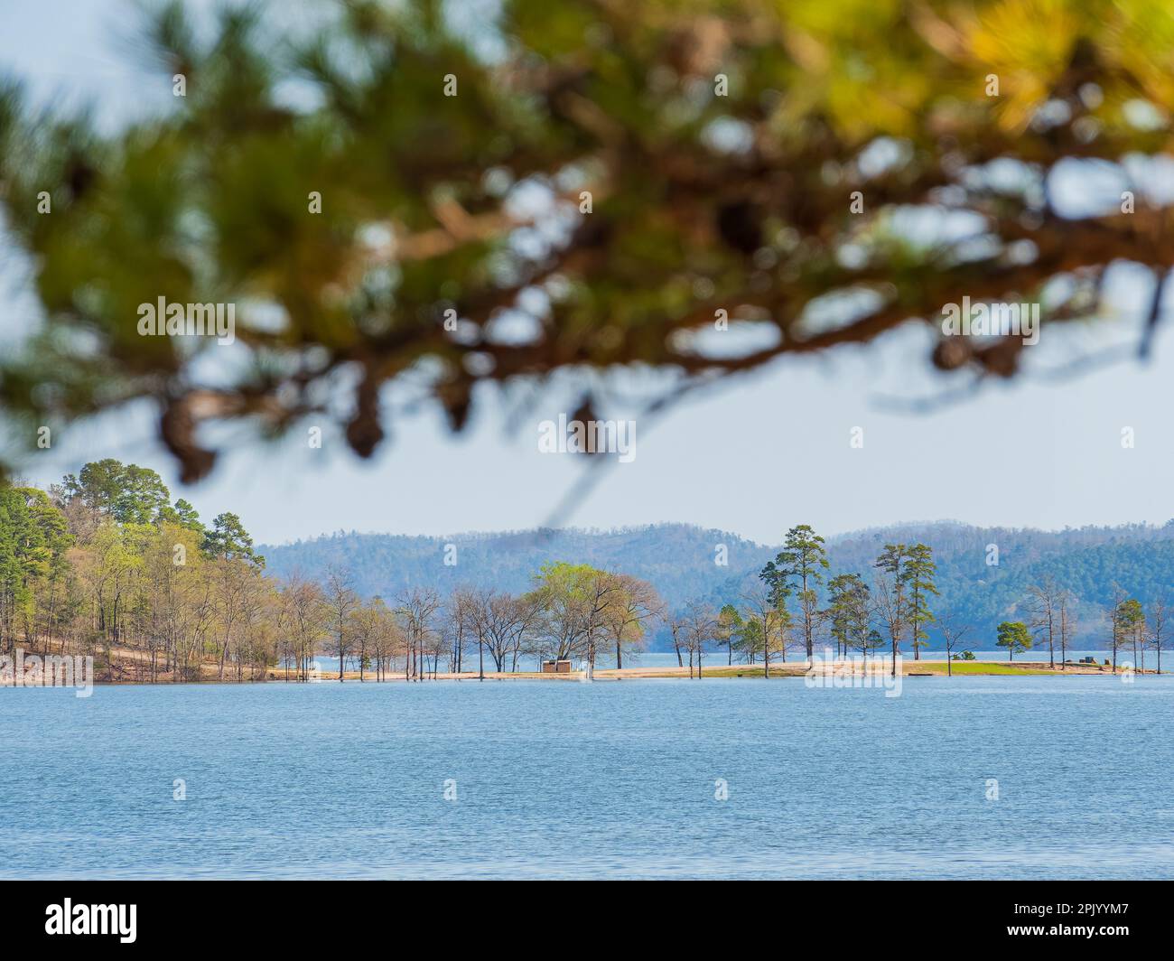 Sunny view of the landscape of Broken Bow Lake in Beavers Bend State