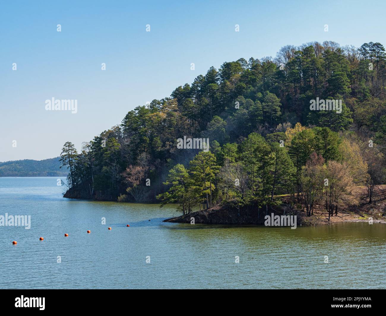 Sunny view of the landscape of Broken Bow Lake in Beavers Bend State Park at Oklahoma Stock