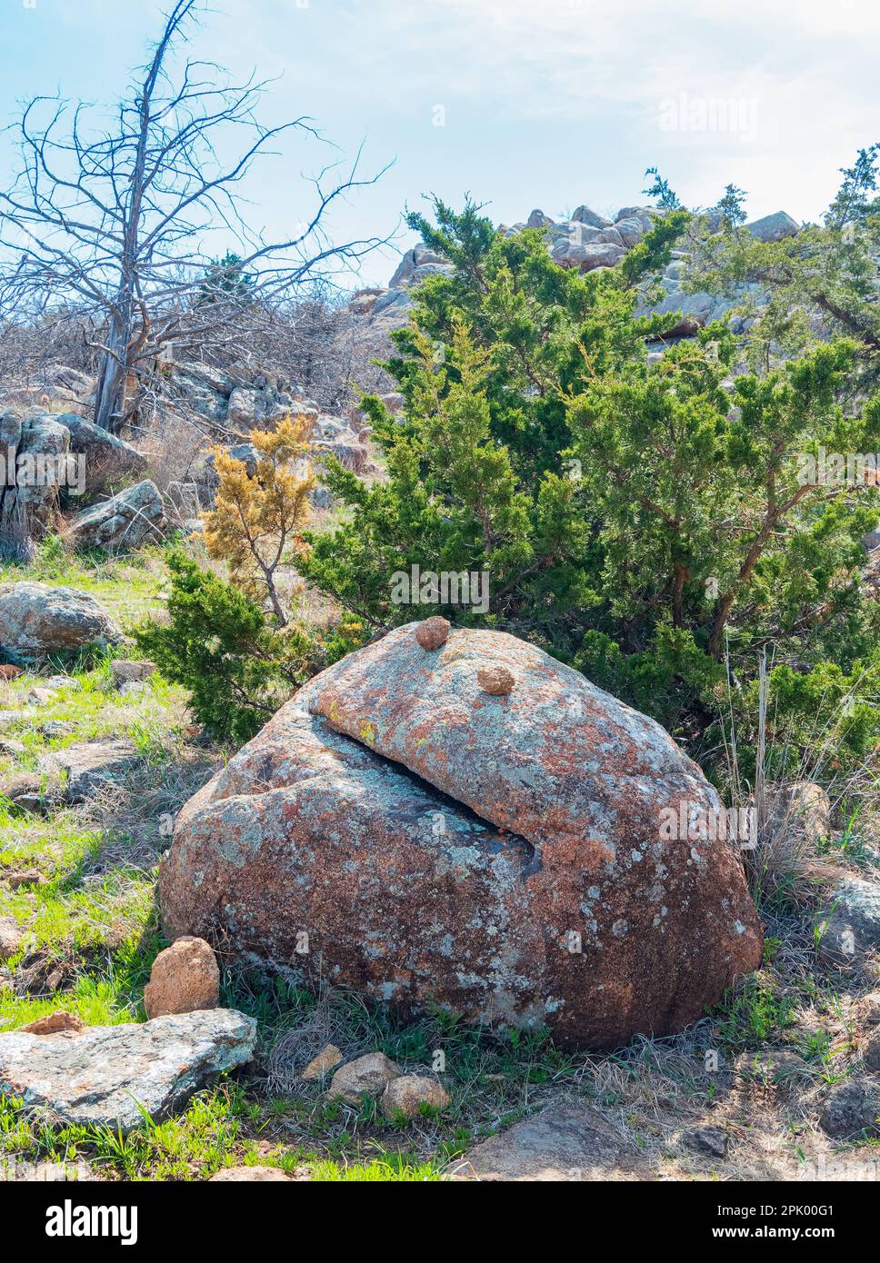 Sunny view of the landscape of Crab Eyes Trail in Wichita Mountains