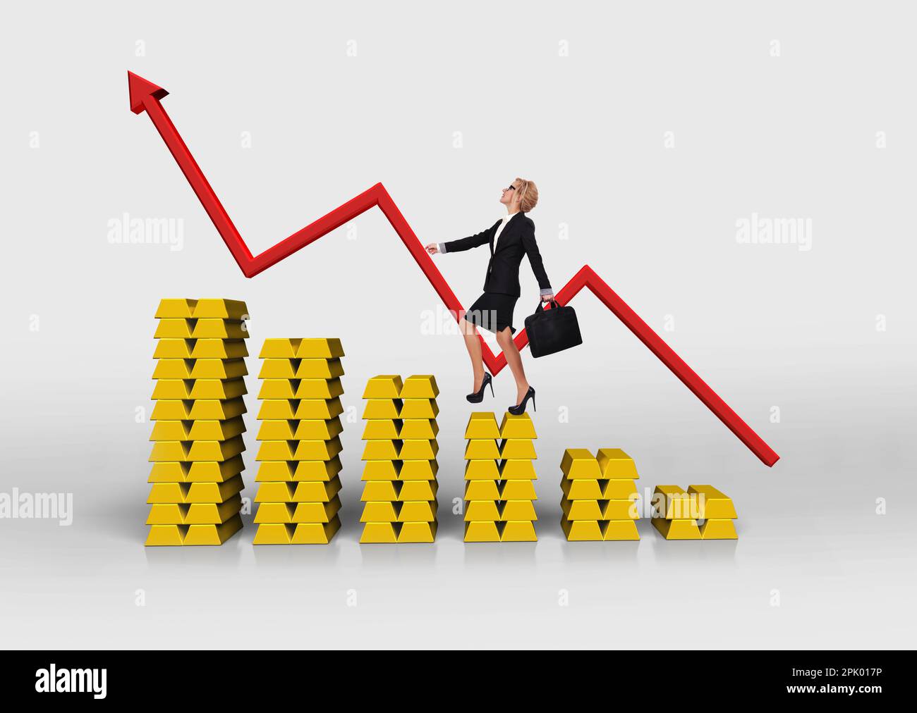 businesswoman climbing on chart of gold bullion, business success concept Stock Photo