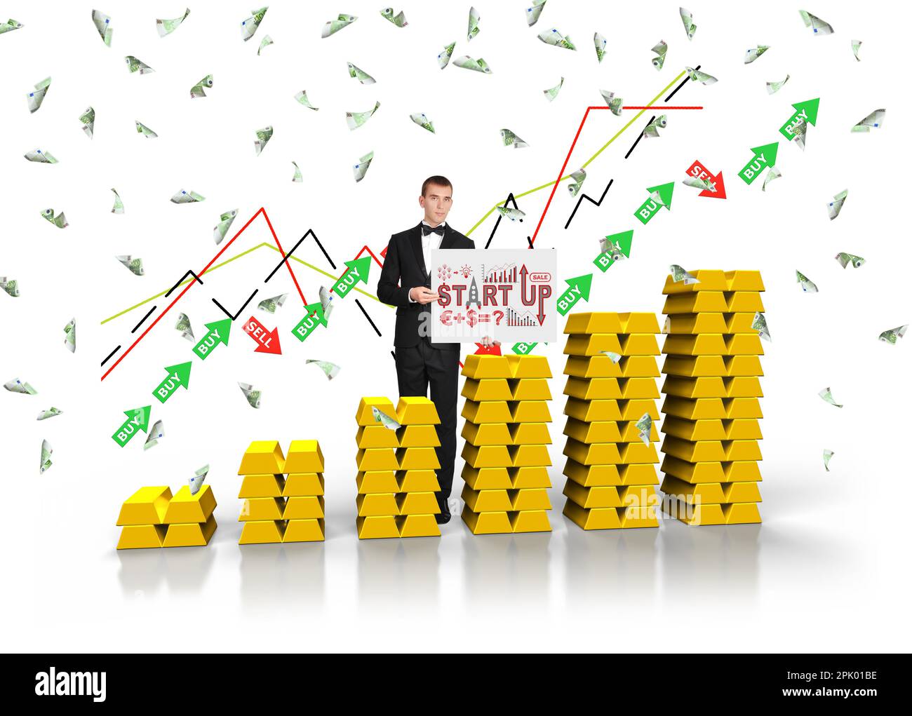 Businessman holding poster with start up concept. Graph of gold ingot ...