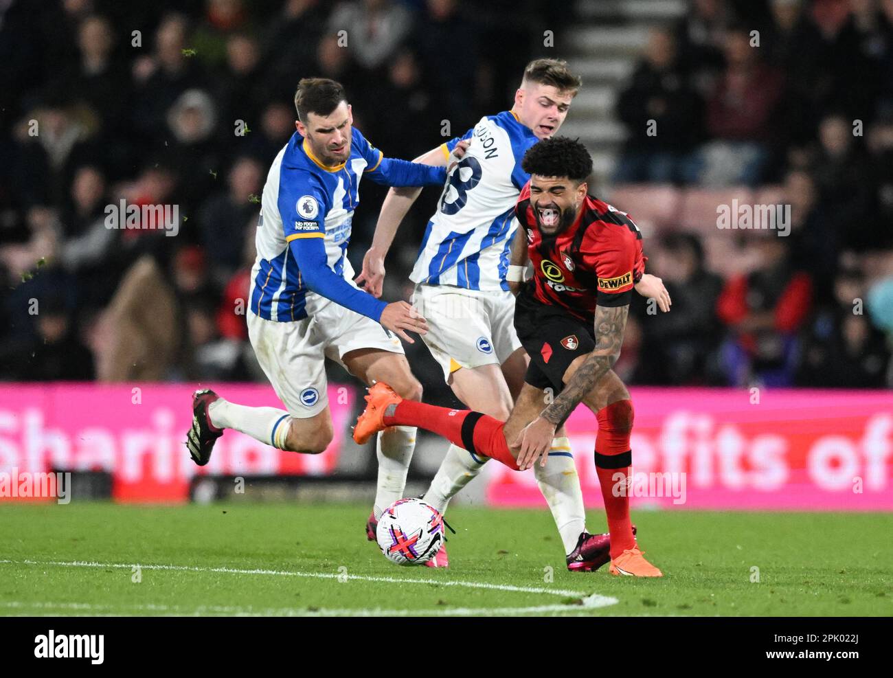 4th April 2023; Vitality Stadium, Boscombe, Dorset, England: Premier League Football, AFC Bournemouth versus Brighton and Hove Albion; Pascal Gross of Brighton &amp; Hove Albion fouls Philip Billing of Bournemouth Stock Photo