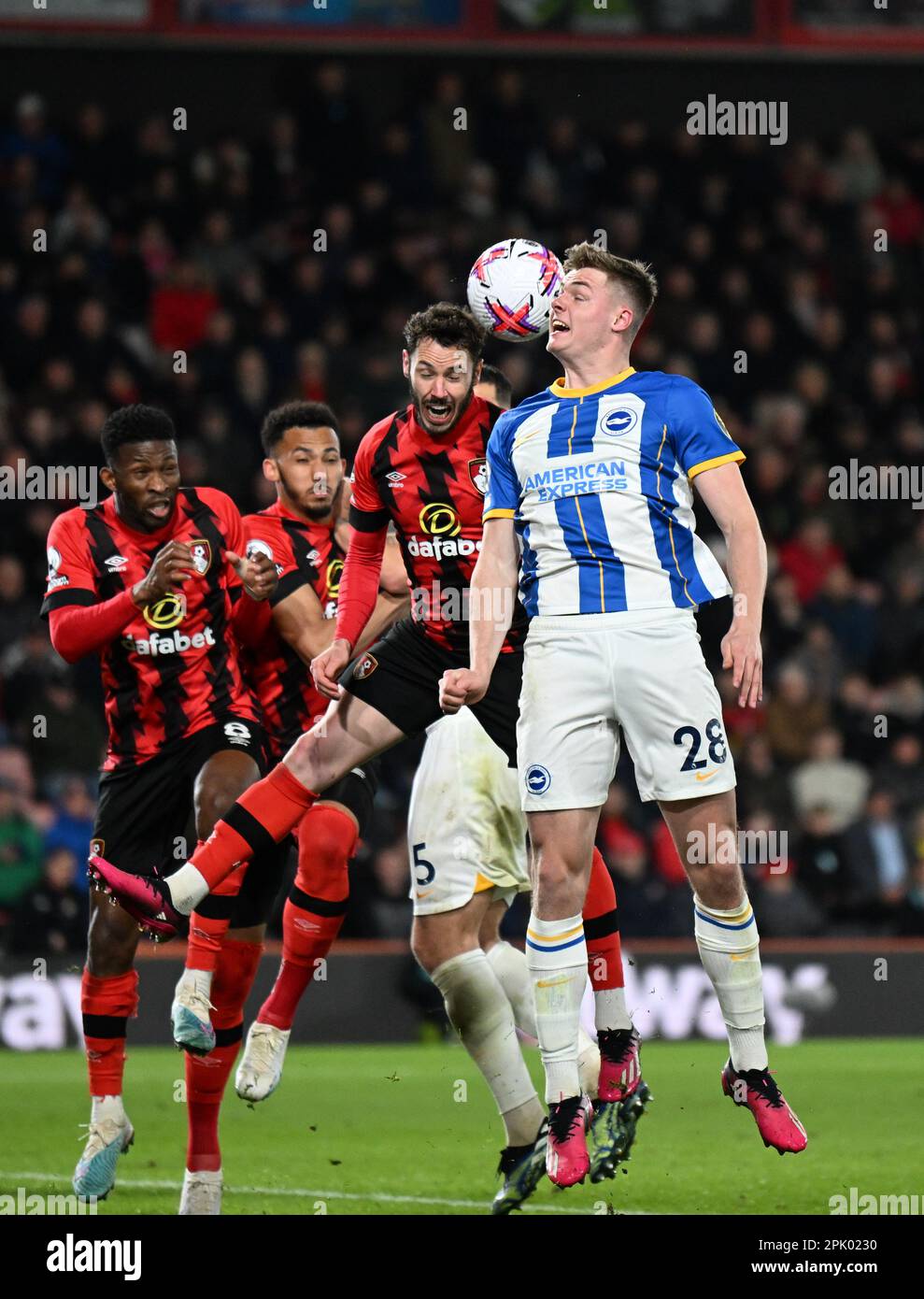 4th April 2023; Vitality Stadium, Boscombe, Dorset, England: Premier League Football, AFC Bournemouth versus Brighton and Hove Albion; Evan Ferguson of Brighton &amp; Hove Albion competes in the air with Adam Smith of Bournemouth Stock Photo