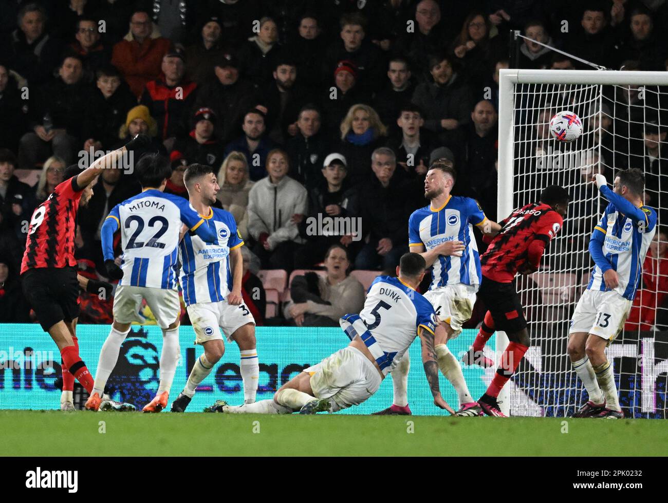 4th April 2023; Vitality Stadium, Boscombe, Dorset, England: Premier League Football, AFC Bournemouth versus Brighton and Hove Albion; the shot from Dominic Solanke of Bournemouth is deflected over the crossbar Stock Photo