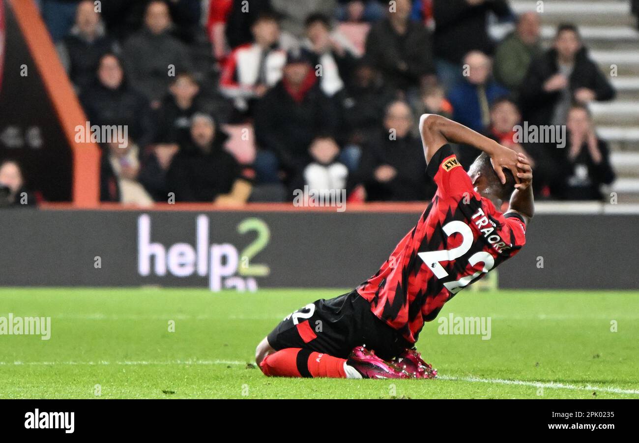 4th April 2023; Vitality Stadium, Boscombe, Dorset, England: Premier League Football, AFC Bournemouth versus Brighton and Hove Albion; Hamed Junior Traoré of Bournemouth frustrated after missing a shot at goal Stock Photo