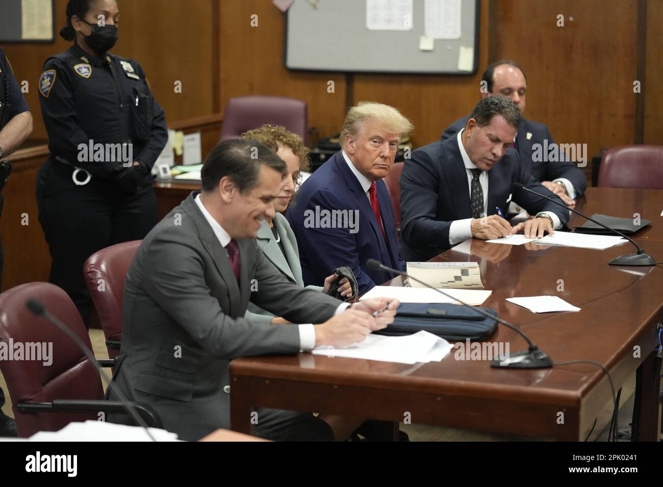 New York, USA. 04th Apr, 2023. Former US President Donald J. Trump appears in court before Judge Juan Merchan for his arraignment at the Manhattan Criminal Court on Tuesday, April 4, 2023, in New York. Trump pleaded not guilty to 34 felony counts related to hush money payments made to adult film star Stormy Daniels before the 2016 presidential election. (Photo by Seth Wenig/Pool/Sipa USA) Credit: Sipa USA/Alamy Live News Stock Photo