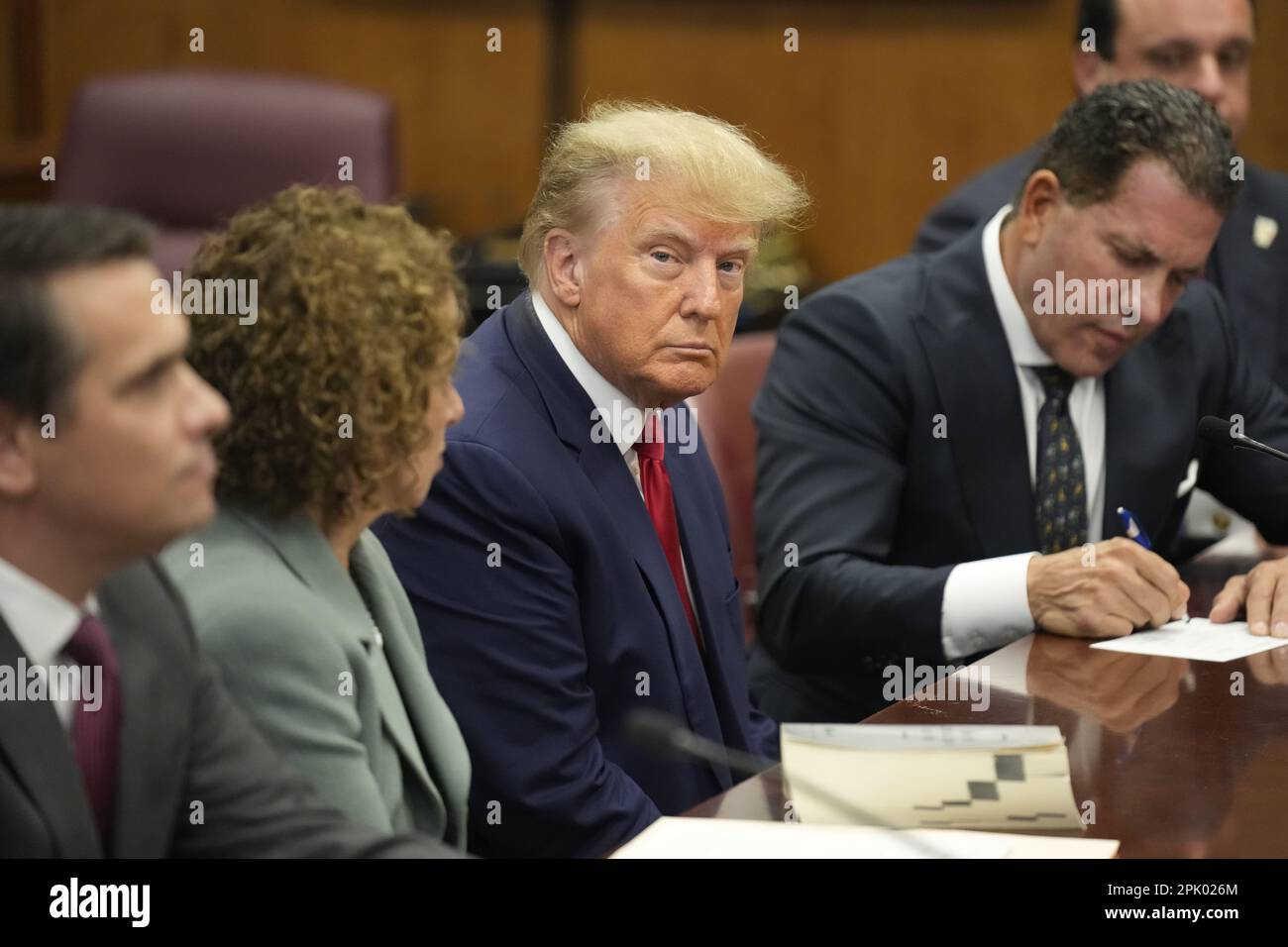 New York, USA. 04th Apr, 2023. Former US President Donald J. Trump appears in court before Judge Juan Merchan for his arraignment at the Manhattan Criminal Court on Tuesday, April 4, 2023, in New York. Trump pleaded not guilty to 34 felony counts related to hush money payments made to adult film star Stormy Daniels before the 2016 presidential election. (Photo by Seth Wenig/Pool/Sipa USA) Credit: Sipa USA/Alamy Live News Stock Photo