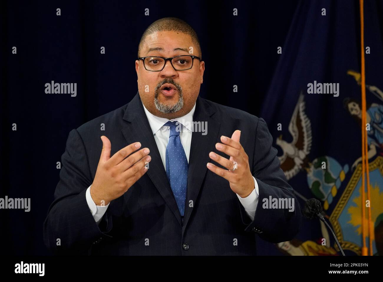 Manhattan District Attorney Alvin Bragg speaks at a press conference after the arraignment of