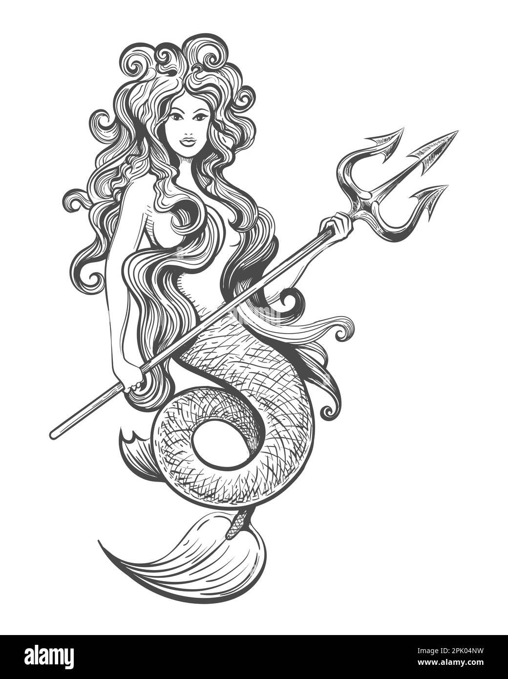 Tattoo of Mermaid with Trident isolated on white. Vector illustration Stock Vector