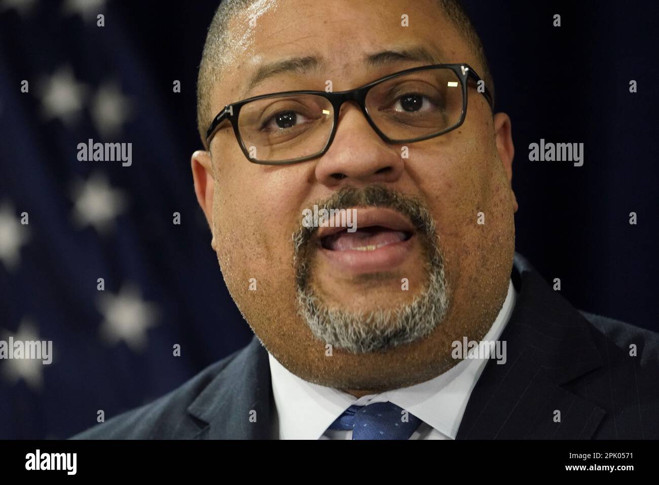 Manhattan District Attorney Alvin Bragg speaks at a press conference after the arraignment of