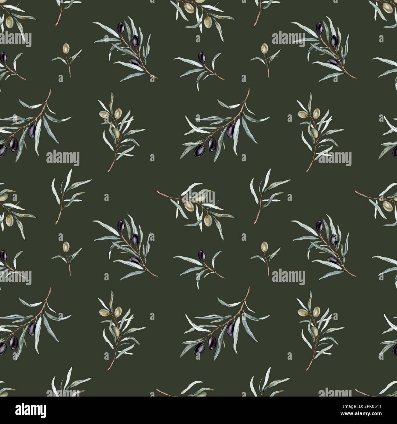 Watercolor seamless pattern with black and green olives and branch ...