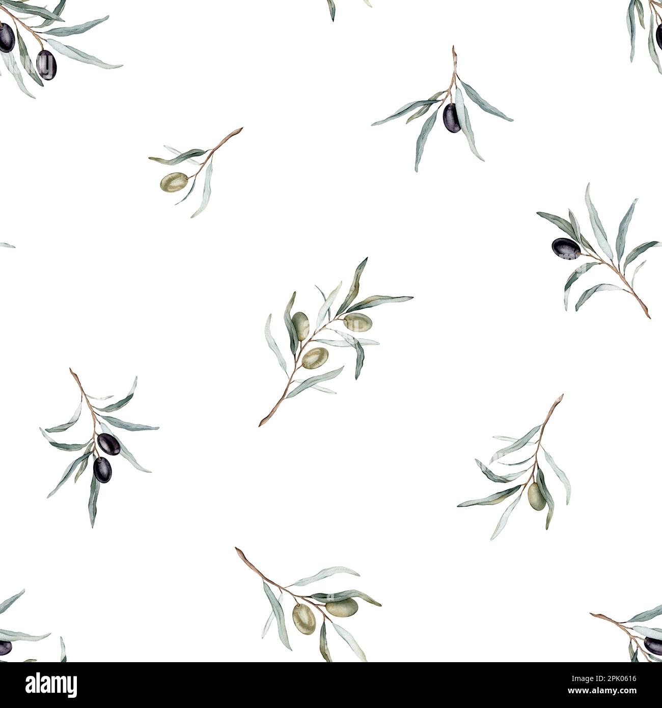 Watercolor seamless pattern with black and green olives and branch ...