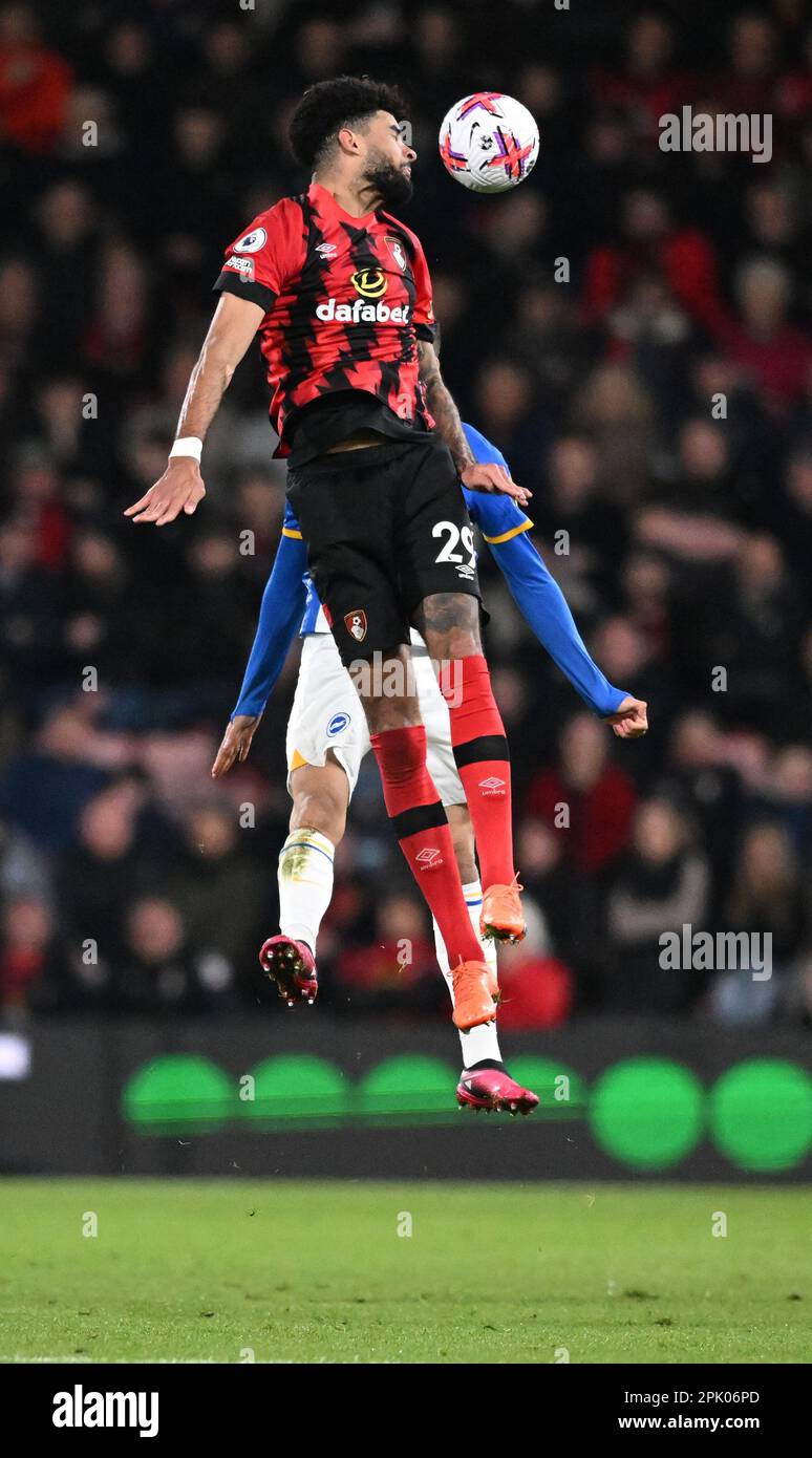 4th April 2023; Vitality Stadium, Boscombe, Dorset, England: Premier League Football, AFC Bournemouth versus Brighton and Hove Albion; Philip Billing of Bournemouth wins a header Stock Photo