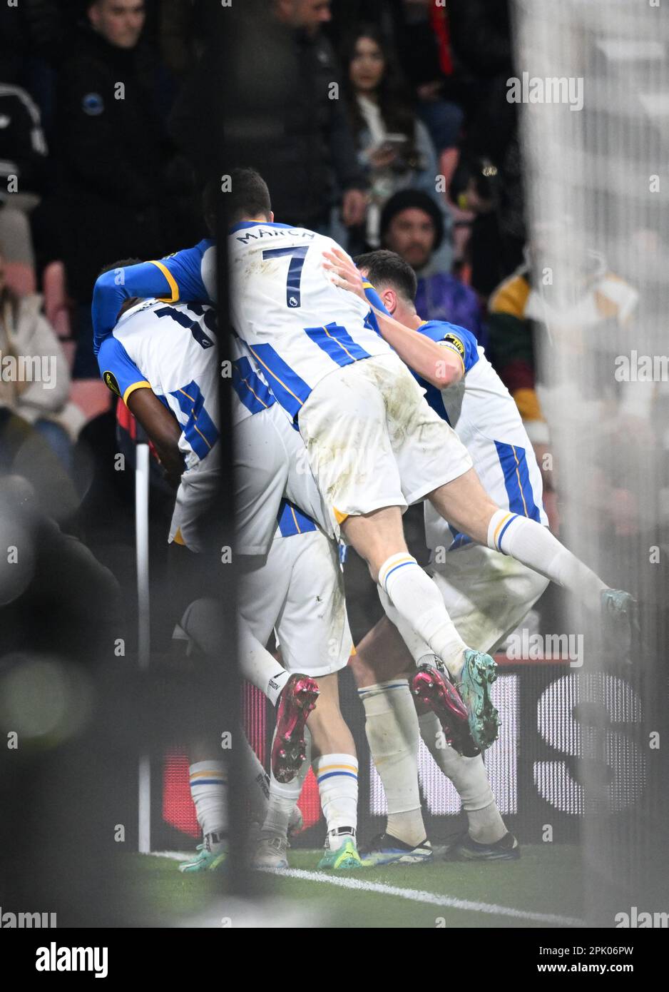 4th April 2023; Vitality Stadium, Boscombe, Dorset, England: Premier League Football, AFC Bournemouth versus Brighton and Hove Albion; Julio Enciso of Brighton &amp; Hove Albion celebrates with his team after scoring in the 90th minute for 0-2 Stock Photo