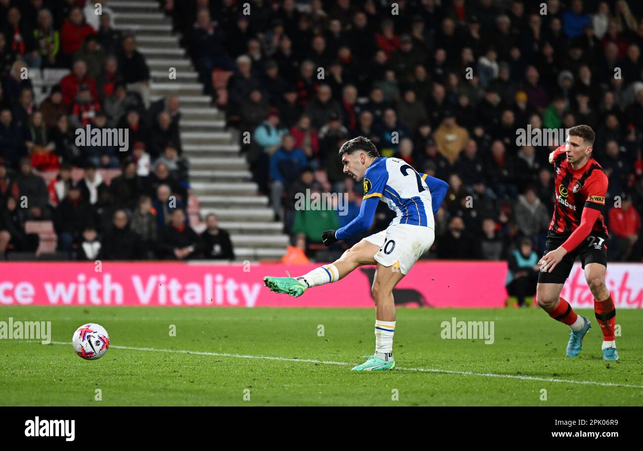 4th April 2023; Vitality Stadium, Boscombe, Dorset, England: Premier League Football, AFC Bournemouth versus Brighton and Hove Albion; Julio Enciso of Brighton &amp; Hove Albion shoots and scores in 90th minute for 0-2 Stock Photo