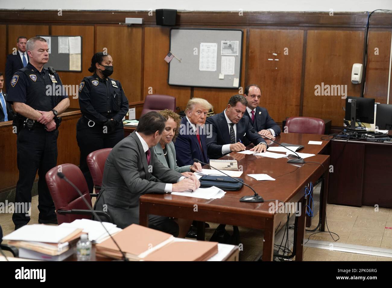 New York, USA. 04th Apr, 2023. Former US President Donald J. Trump appears in court before Judge Juan Merchan for his arraignment at the Manhattan Criminal Court on Tuesday, April 4, 2023, in New York. Trump pleaded not guilty to 34 felony counts related to hush money payments made to adult film star Stormy Daniels before the 2016 presidential election. (Photo by Seth Wenig/Pool/Sipa USA) Credit: Sipa USA/Alamy Live News Stock Photo