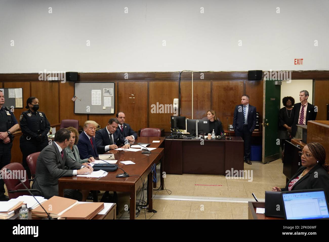 New York, USA. 04th Apr, 2023. Former US President Donald J. Trump appears in court before Judge Juan Merchan for his arraignment at the Manhattan Criminal Court on Tuesday, April 4, 2023, in New York. Trump pleaded not guilty to 34 felony counts related to hush money payments made to adult film star Stormy Daniels before the 2016 presidential election. (Photo by Seth Wenig/Pool/Sipa USA) Credit: Sipa USA/Alamy Live News Stock Photo