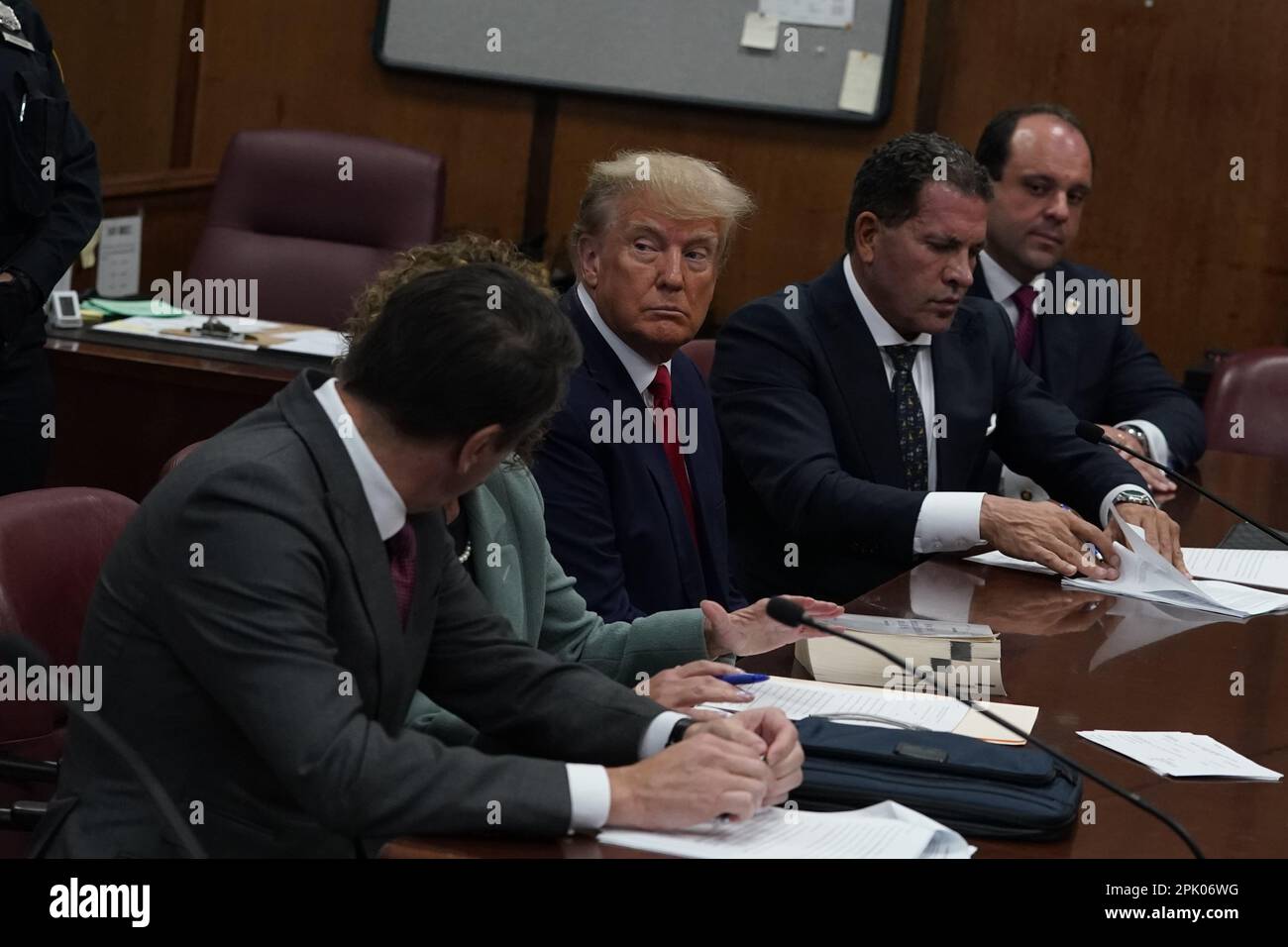 New York, USA. 04th Apr, 2023. Former US President Donald J. Trump appears in court before Judge Juan Merchan for his arraignment at the Manhattan Criminal Court on Tuesday, April 4, 2023, in New York. Trump pleaded not guilty to 34 felony counts related to hush money payments made to adult film star Stormy Daniels before the 2016 presidential election. (Photo by Timothy A. Clary/Pool/Sipa USA) Credit: Sipa USA/Alamy Live News Stock Photo