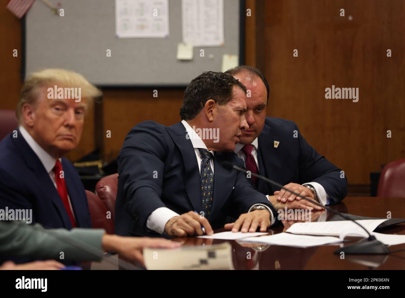 New York, USA. 04th Apr, 2023. Former US President Donald J. Trump appears in court before Judge Juan Merchan for his arraignment at the Manhattan Criminal Court on Tuesday, April 4, 2023, in New York. Trump pleaded not guilty to 34 felony counts related to hush money payments made to adult film star Stormy Daniels before the 2016 presidential election. (Photo by Andrew Kelly/Pool/Sipa USA) Credit: Sipa USA/Alamy Live News Stock Photo