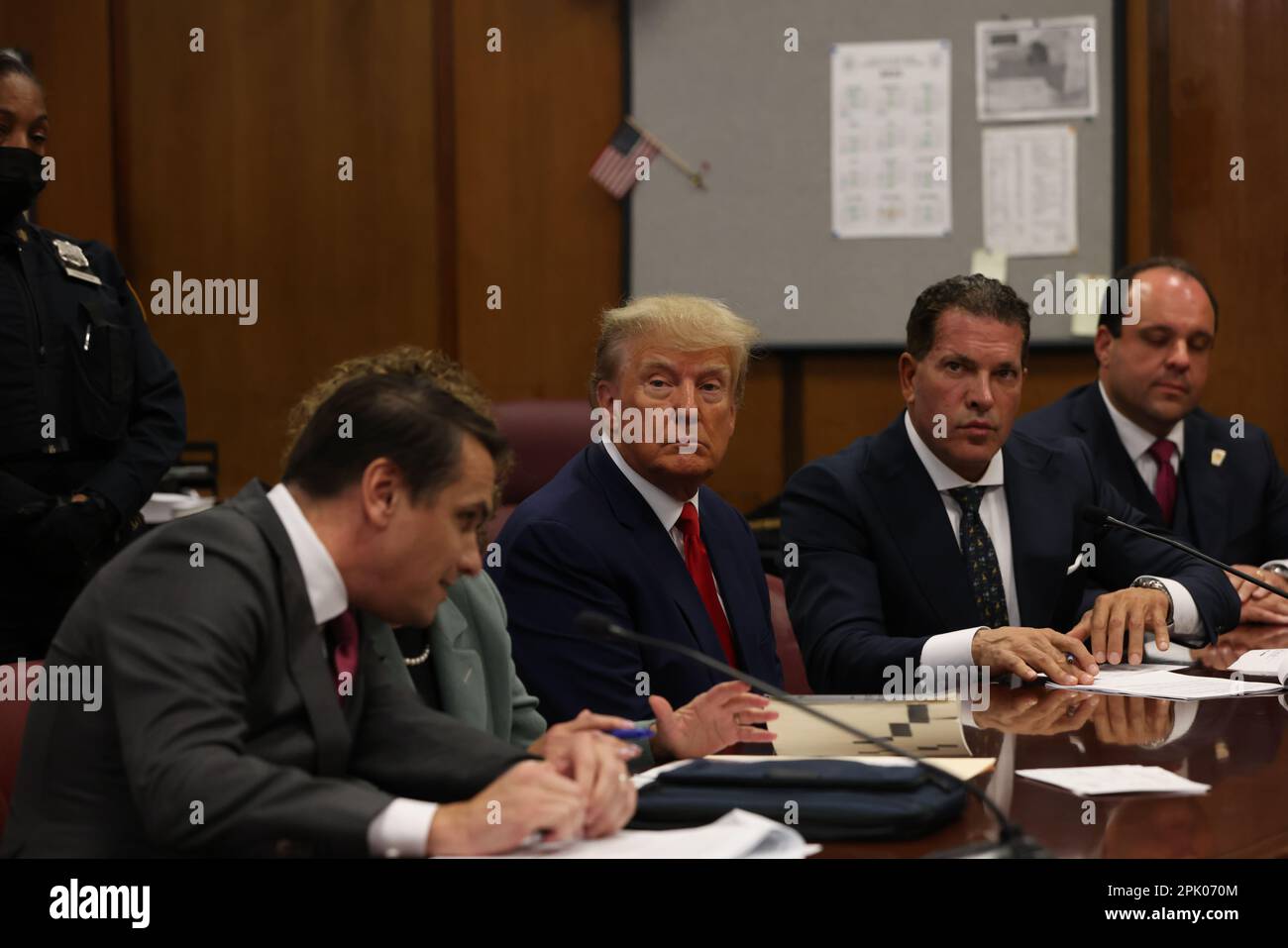 New York, USA. 04th Apr, 2023. Former US President Donald J. Trump appears in court before Judge Juan Merchan for his arraignment at the Manhattan Criminal Court on Tuesday, April 4, 2023, in New York. Trump pleaded not guilty to 34 felony counts related to hush money payments made to adult film star Stormy Daniels before the 2016 presidential election. (Photo by Andrew Kelly/Pool/Sipa USA) Credit: Sipa USA/Alamy Live News Stock Photo