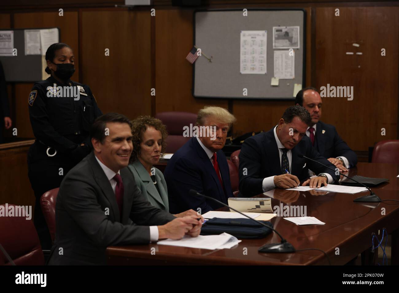 New York, USA. 04th Apr, 2023. Former US President Donald J. Trump appears in court before Judge Juan Merchan for his arraignment at the Manhattan Criminal Court on Tuesday, April 4, 2023, in New York. Trump pleaded not guilty to 34 felony counts related to hush money payments made to adult film star Stormy Daniels before the 2016 presidential election. (Photo by Andrew Kelly/Pool/Sipa USA) Credit: Sipa USA/Alamy Live News Stock Photo