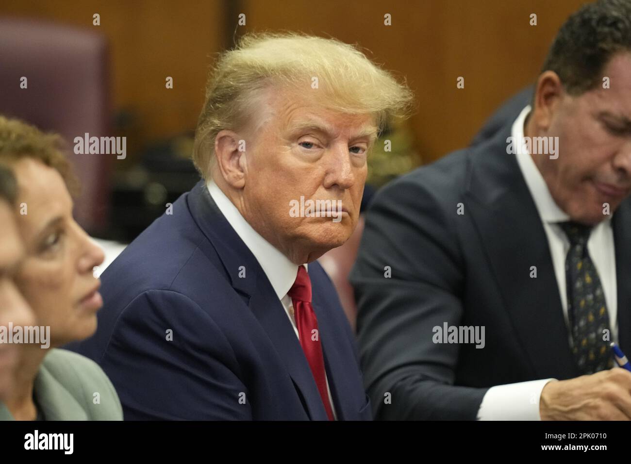 New York, USA. 04th Apr, 2023. Former US President Donald J. Trump appears in court before Judge Juan Merchan for his arraignment at the Manhattan Criminal Court on Tuesday, April 4, 2023, in New York. Trump pleaded not guilty to 34 felony counts related to hush money payments made to adult film star Stormy Daniels before the 2016 presidential election. (Photo by Seth Wenig/Pool/Sipa USA) Credit: Sipa USA/Alamy Live News Stock Photo