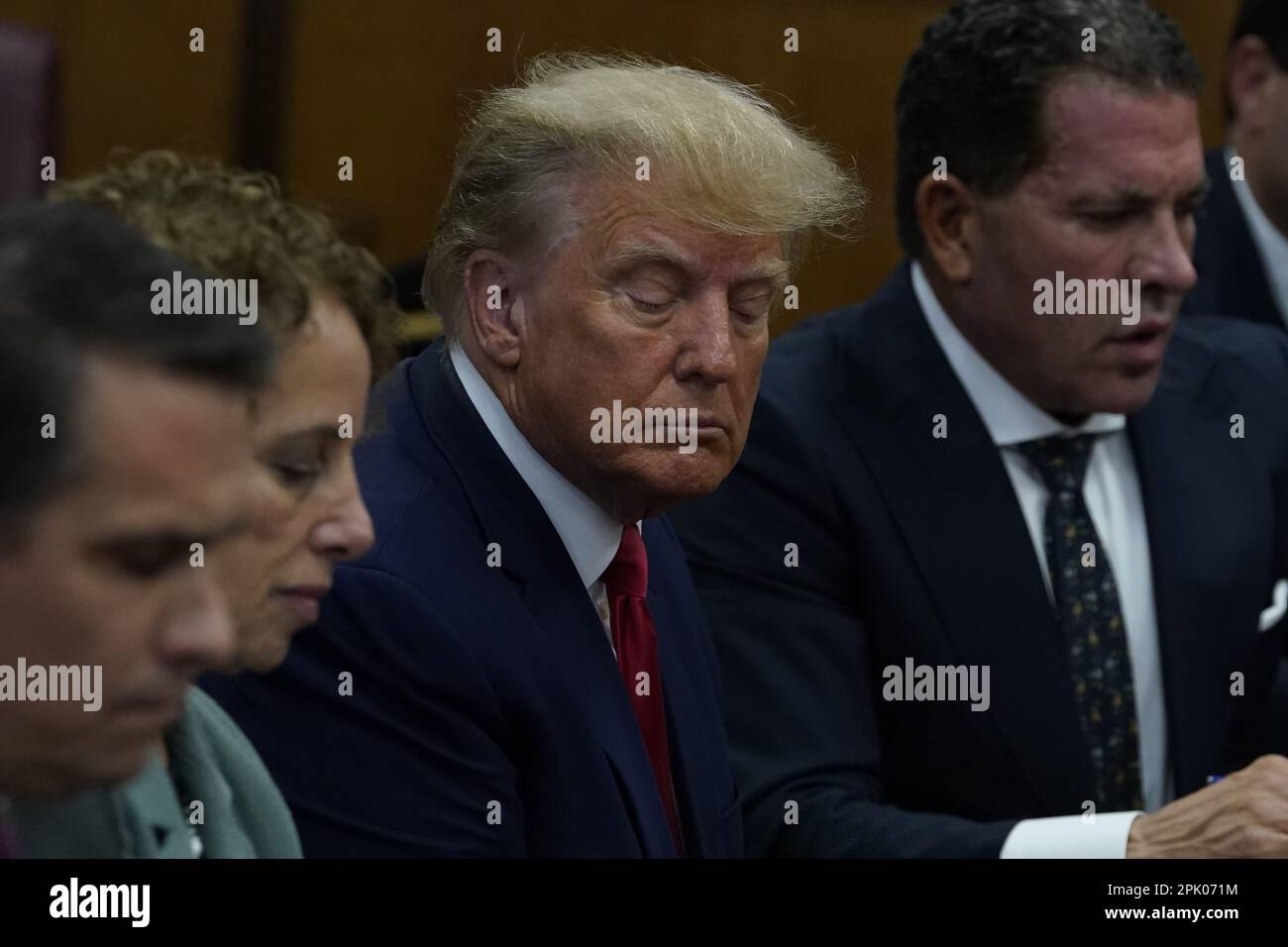 New York, USA. 04th Apr, 2023. Former US President Donald J. Trump appears in court before Judge Juan Merchan for his arraignment at the Manhattan Criminal Court on Tuesday, April 4, 2023, in New York. Trump pleaded not guilty to 34 felony counts related to hush money payments made to adult film star Stormy Daniels before the 2016 presidential election. (Photo by Timothy A. Clary/Pool/Sipa USA) Credit: Sipa USA/Alamy Live News Stock Photo