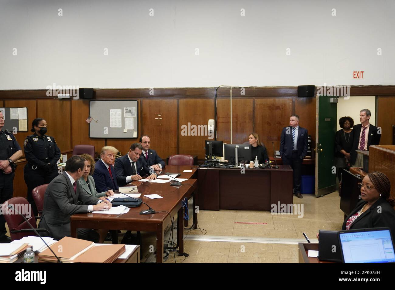 New York, USA. 04th Apr, 2023. Former US President Donald J. Trump appears in court before Judge Juan Merchan for his arraignment at the Manhattan Criminal Court on Tuesday, April 4, 2023, in New York. Trump pleaded not guilty to 34 felony counts related to hush money payments made to adult film star Stormy Daniels before the 2016 presidential election. (Photo by Seth Wenig/Pool/Sipa USA) Credit: Sipa USA/Alamy Live News Stock Photo