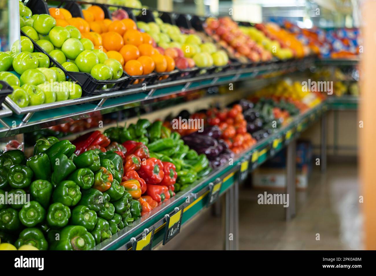 Stand with variety of vegetables and fruits in supermarket Stock Photo ...