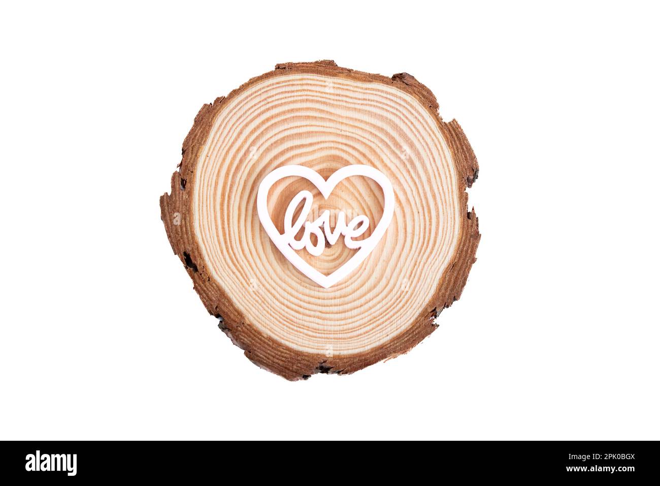 tree trunk with a white wooden heart that says LOVE on white background Stock Photo