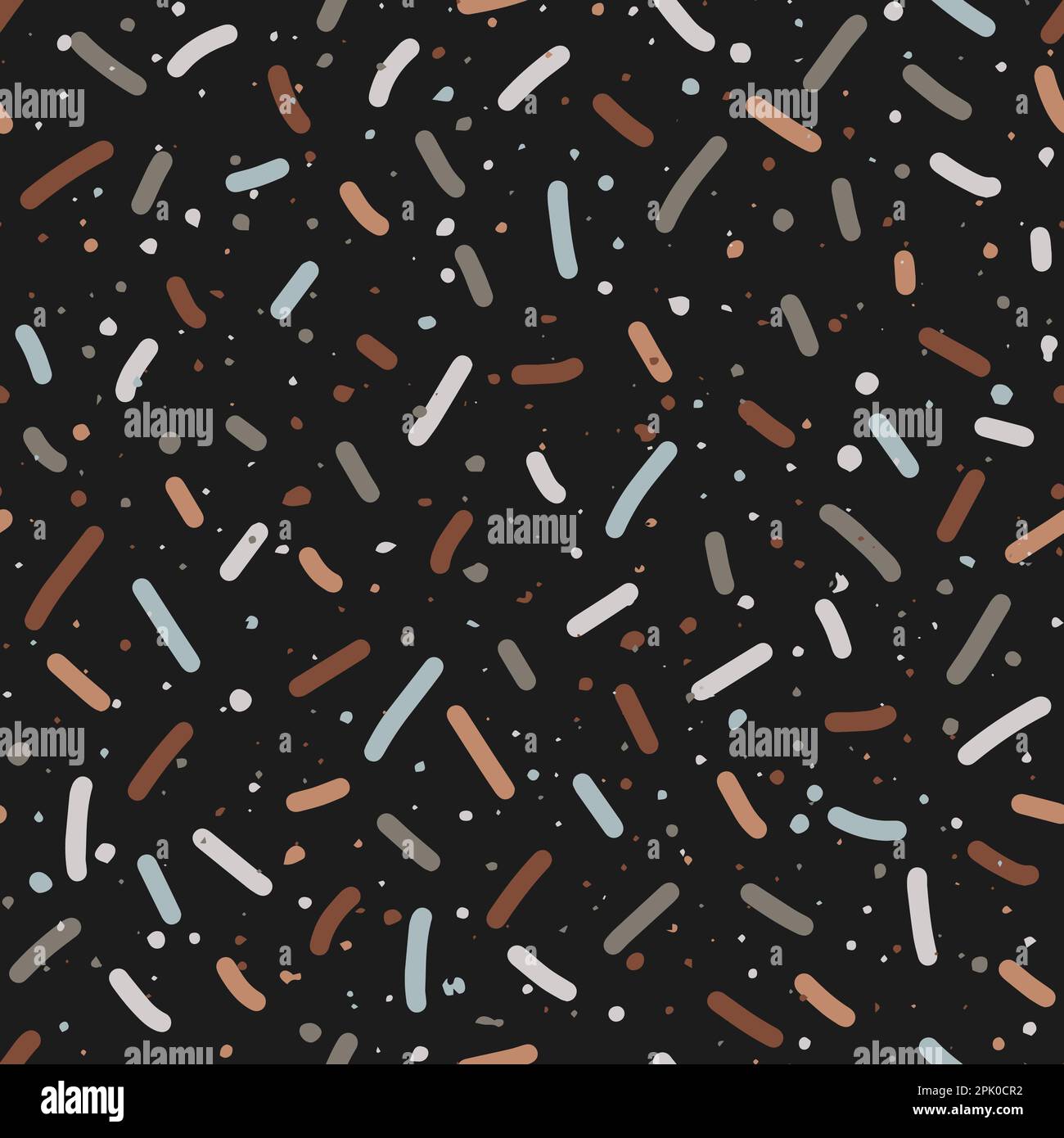 Cute seamless pattern with multicolored confetti or donuts glaze, sprinkles on black background. Neutral pastel colored abstract square backdrop Stock Vector