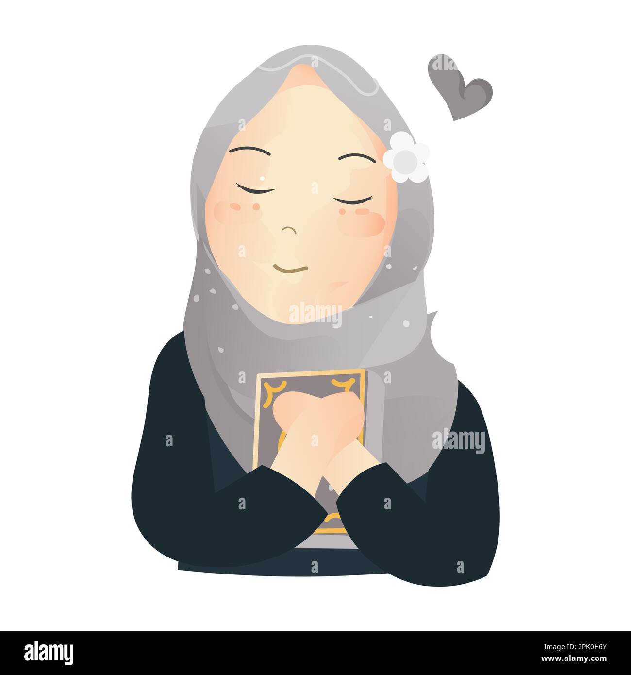 Illustration of a Happy cute young Muslim girl holding holy Quran and wearing hijab on white background. Vector illustration. Stock Vector