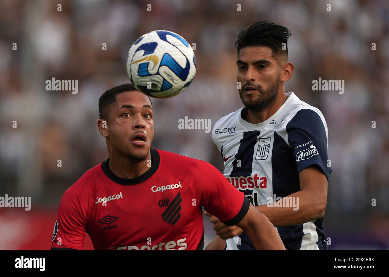 Vitor Roque of Brazil's Athletico Paranaense heads the ball during a Copa  Libertadores Group G soccer match against Peru's Alianza Lima at Alejandro  Villanueva stadium, in Lima, Peru, Tuesday, April 4, 2023. (