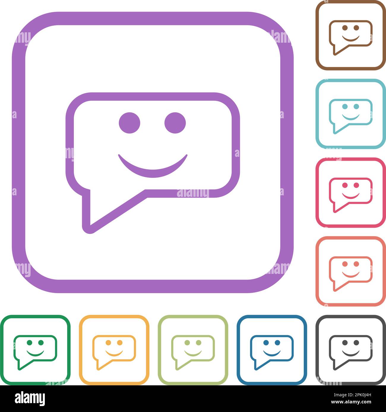 Rounded square smiling chat bubble outline simple icons in color rounded square frames on white background Stock Vector