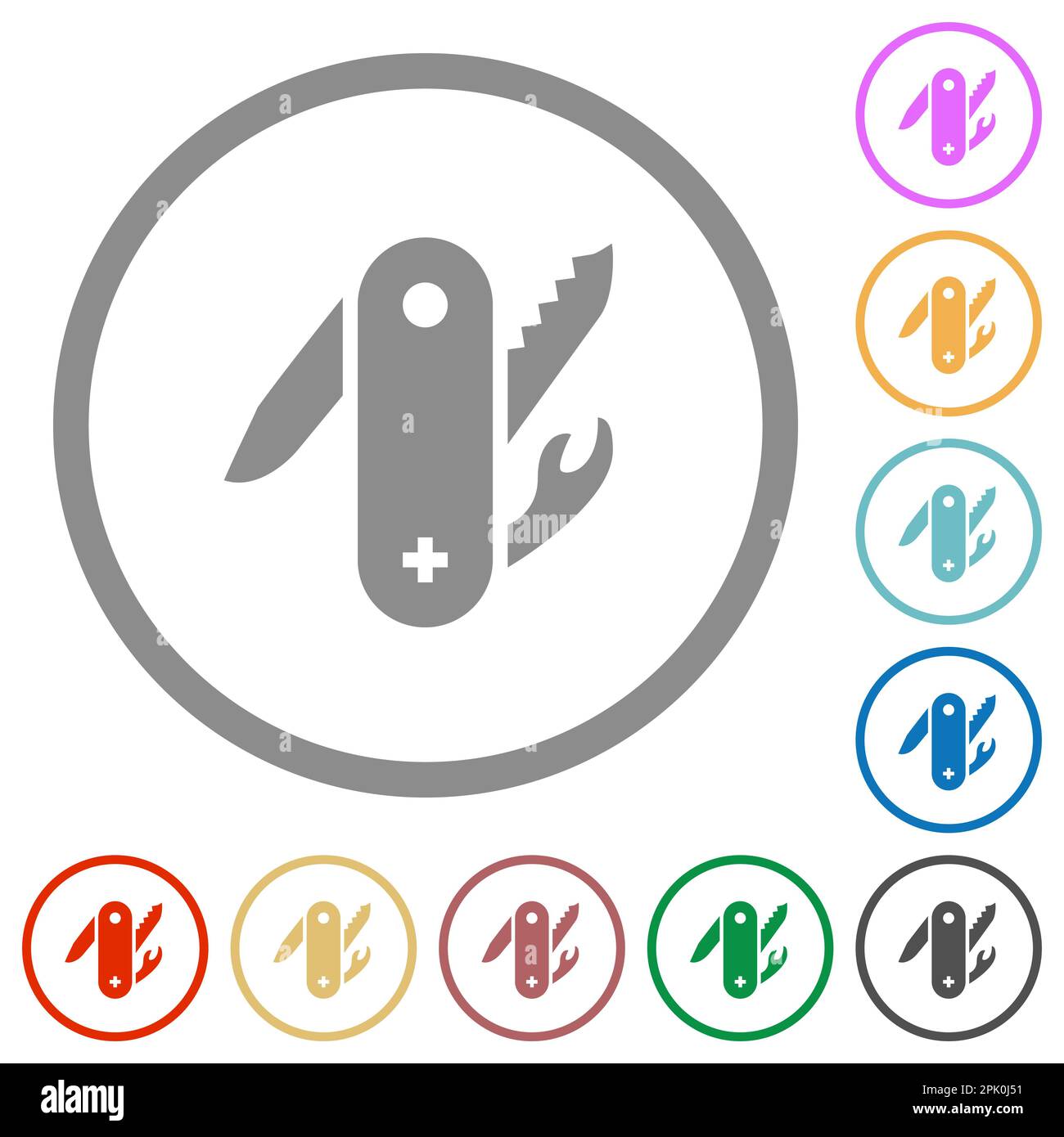 Swiss army knife flat color icons in round outlines on white background ...