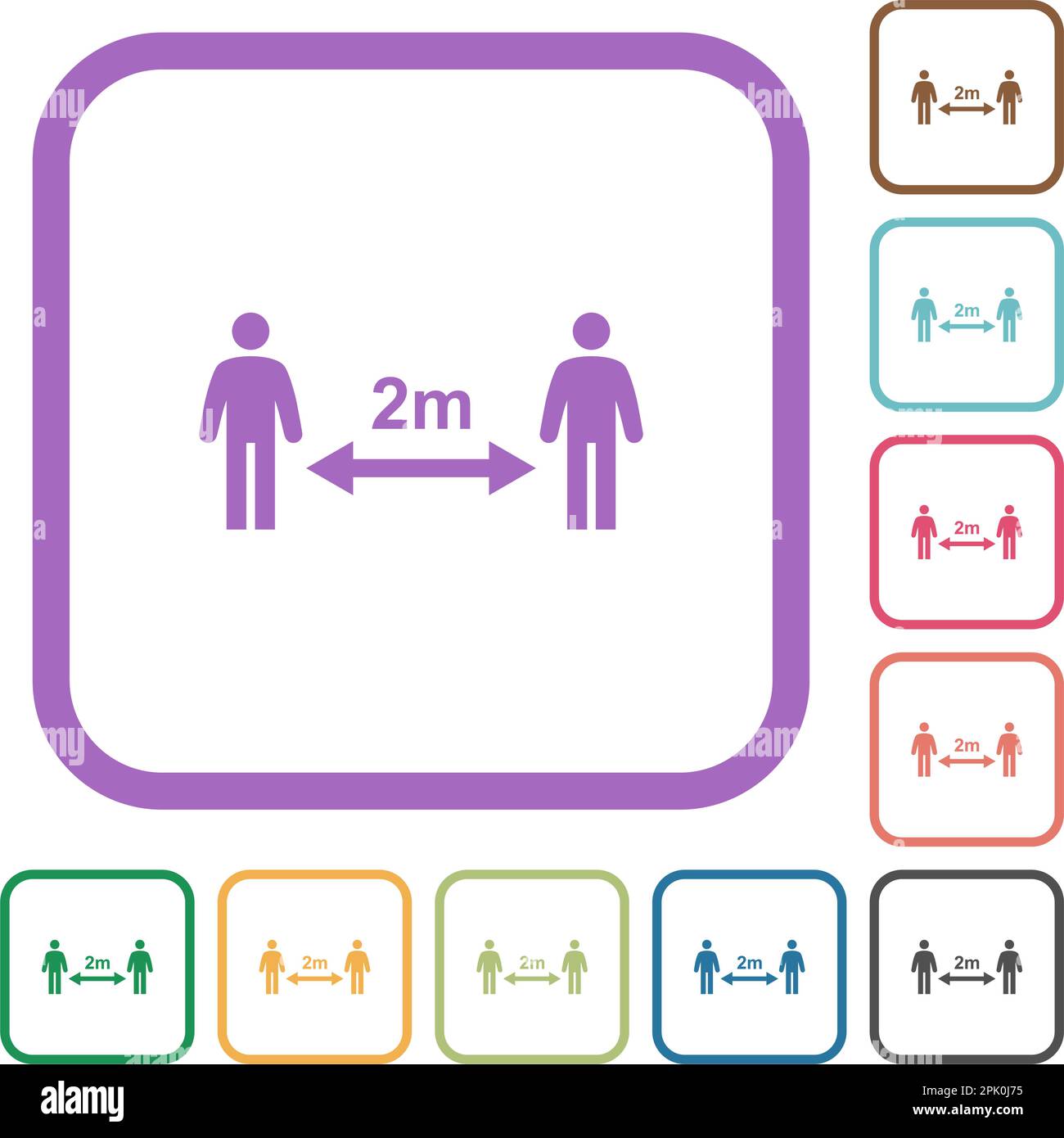 Social distancing 2 meters simple icons in color rounded square frames ...