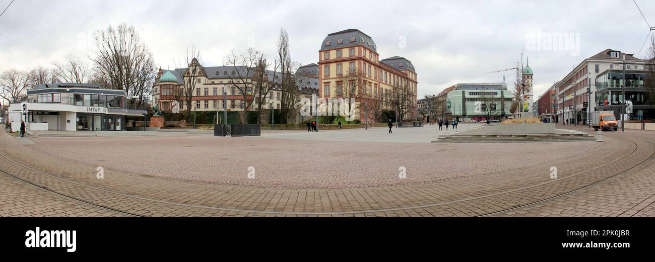 Friedensplatz, vast square with the ducal Residence Palace in the center of the city, panoramic view from north side, Darmstadt, Germany Stock Photo