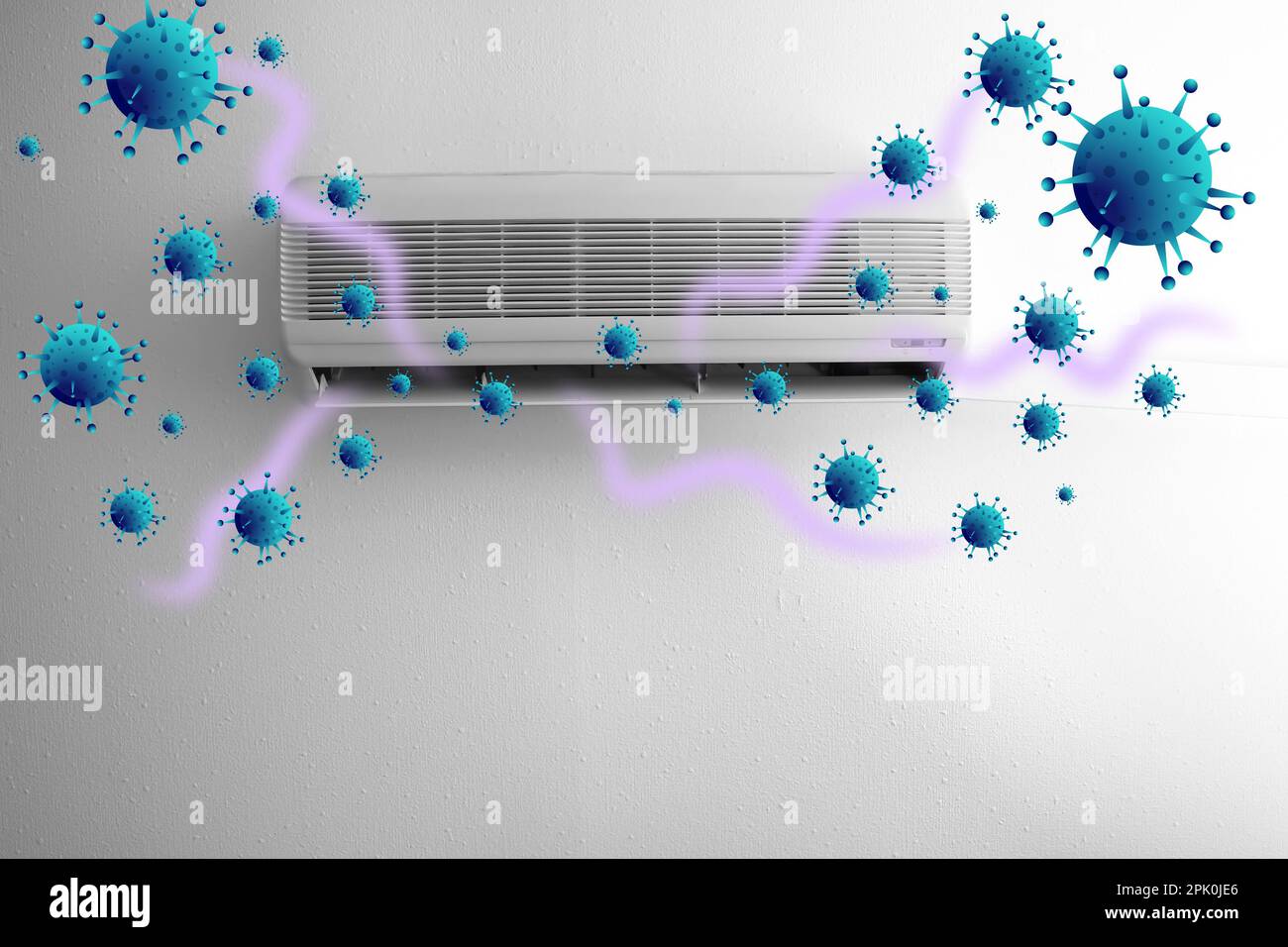 Spreading of viruses. Contaminated air conditioner on white wall