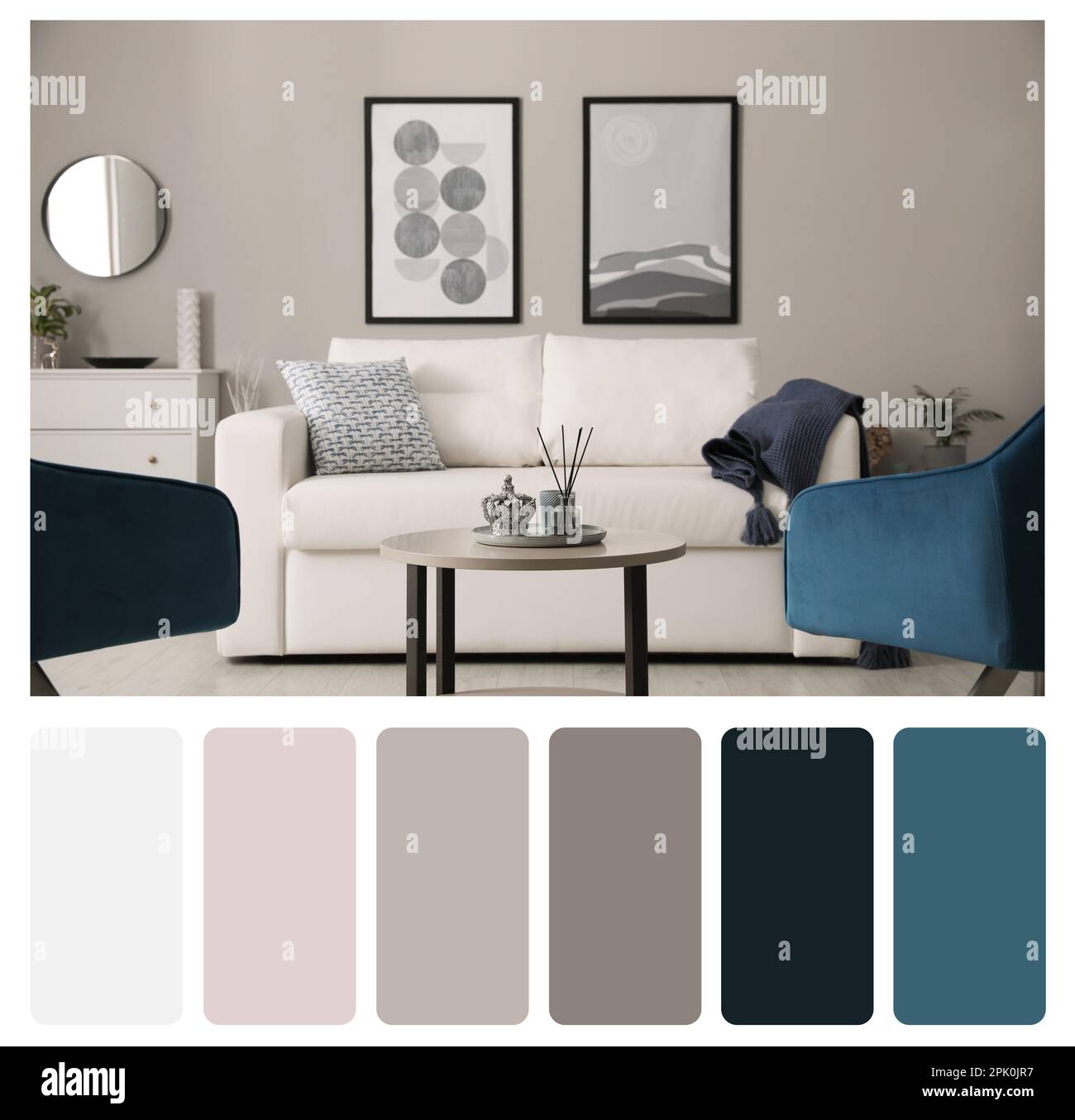 Color palette and photo of stylish living room interior. Collage Stock ...