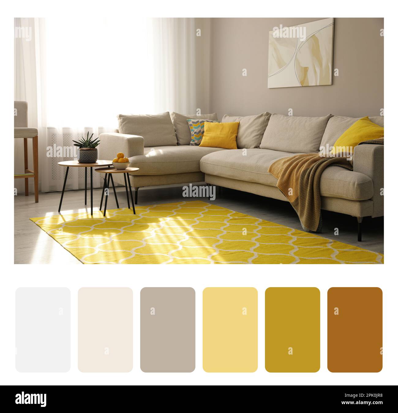 Color palette and photo of stylish living room interior. Collage Stock Photo