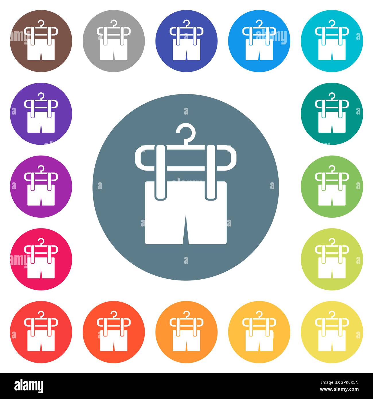 Shorts on the clothes dryer flat white icons on round color backgrounds