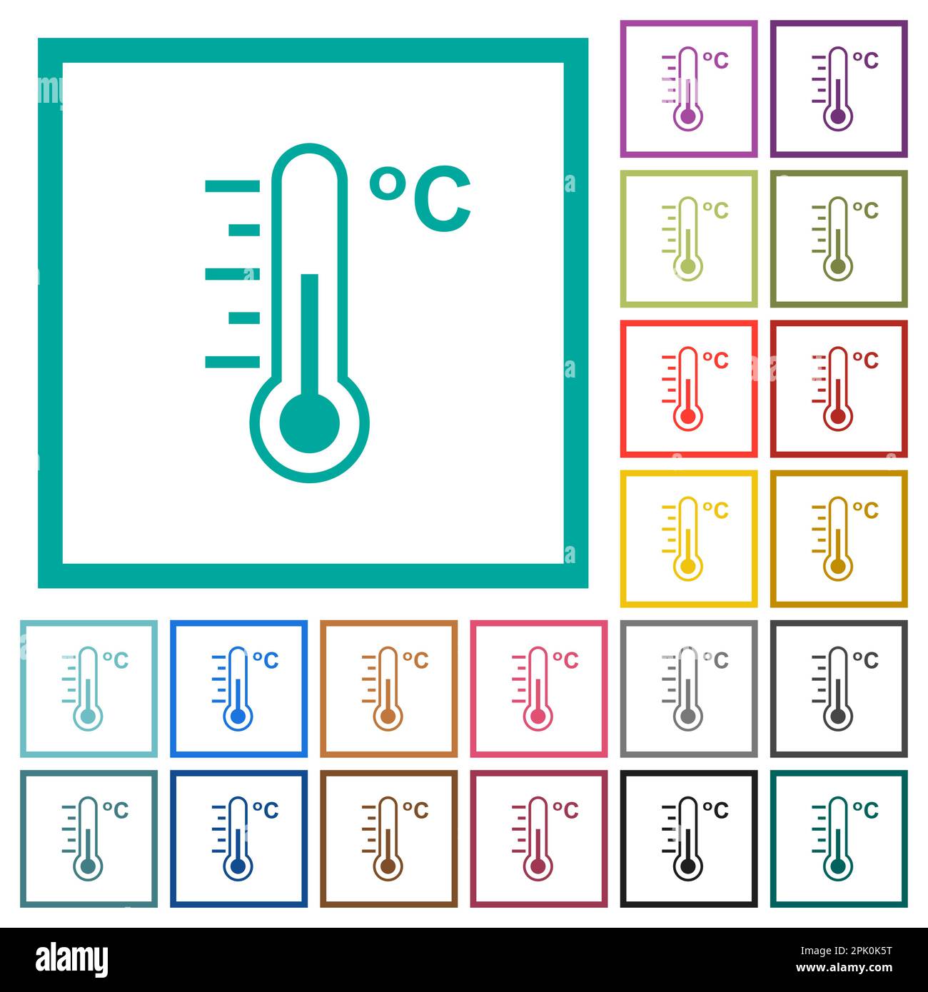 Celsius thermometer medium temperature flat color icons with quadrant frames on white background Stock Vector