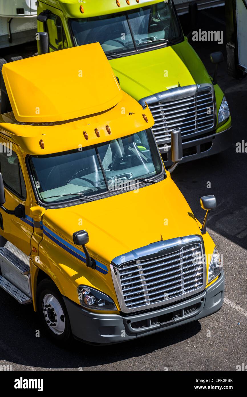 Big rig day cab local haulers lime and yellow semi trucks with roof