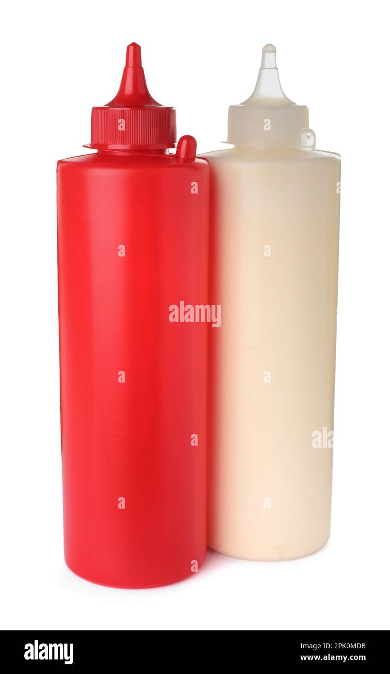 Plastic bottles of tasty mayonnaise and ketchup on white background Stock Photo Alamy