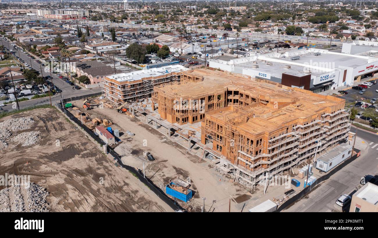 Watts, California, USA - February 25, 2023: Afternoon aerial view of the demolition and redevelopment of Jordan Downs Projects. Stock Photo