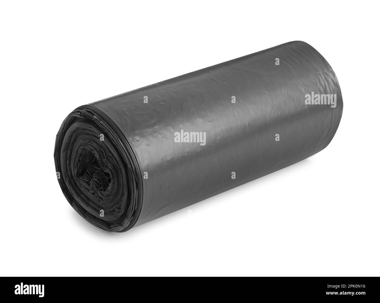 Roll of black garbage bags on white background. Cleaning supplies Stock