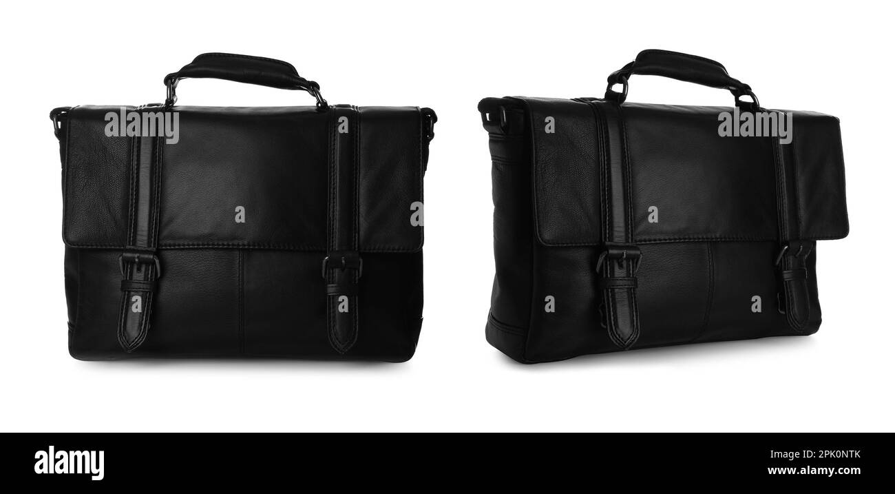 Stylish black leather briefcases on white background, collage. Banner