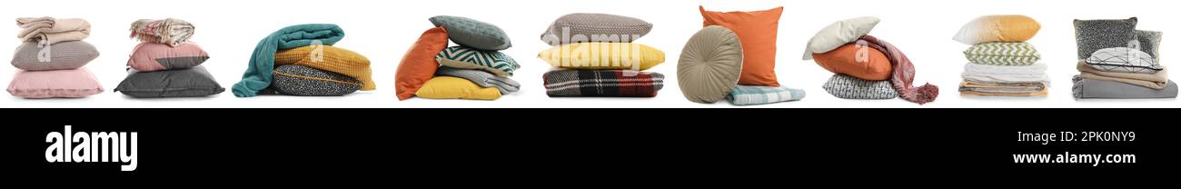 Set with different stylish decorative pillows on white background. Banner design Stock Photo